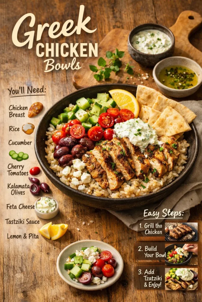Healthy Greek Chicken Bowl with fresh vegetables and spices