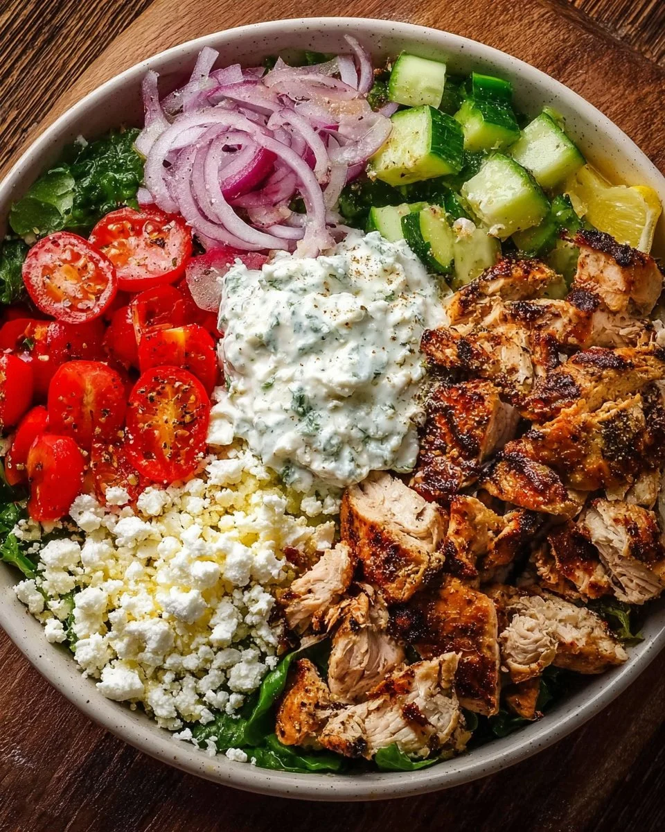 Delicious Greek Chicken Bowl with grilled chicken, fresh vegetables, and tzatziki sauce
