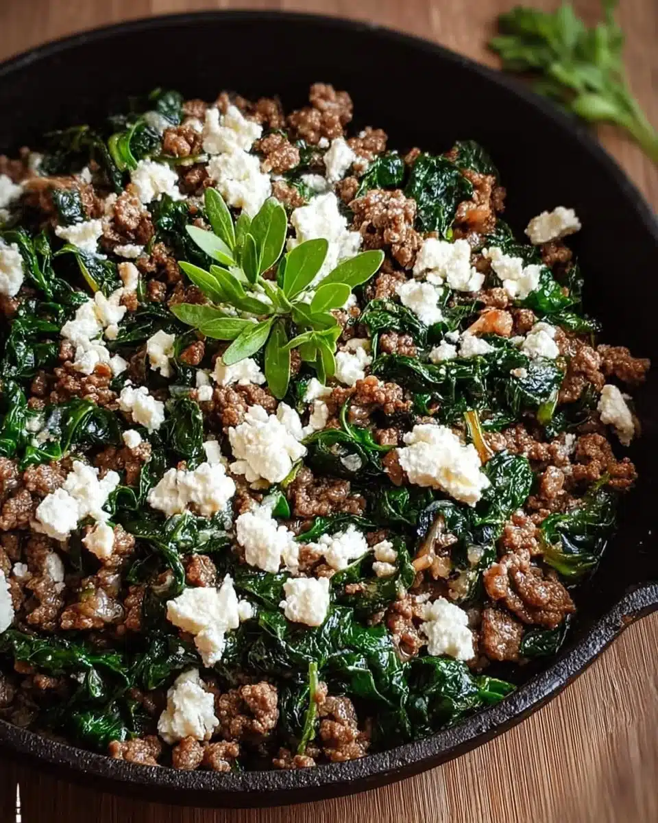 Ground beef and spinach skillet topped with crumbled feta cheese in a skillet