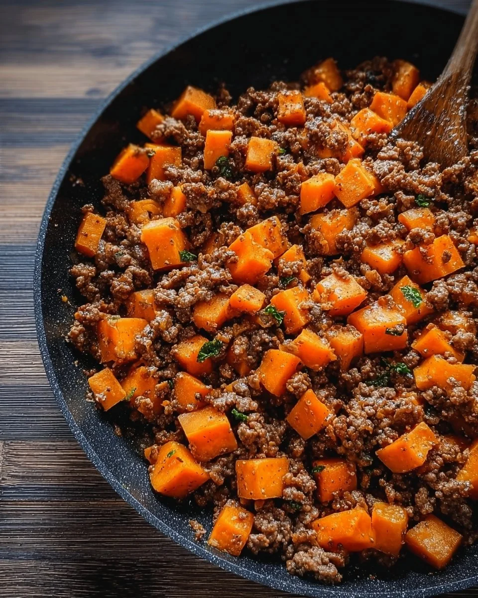 Ground beef and sweet potato skillet dish served in a pan