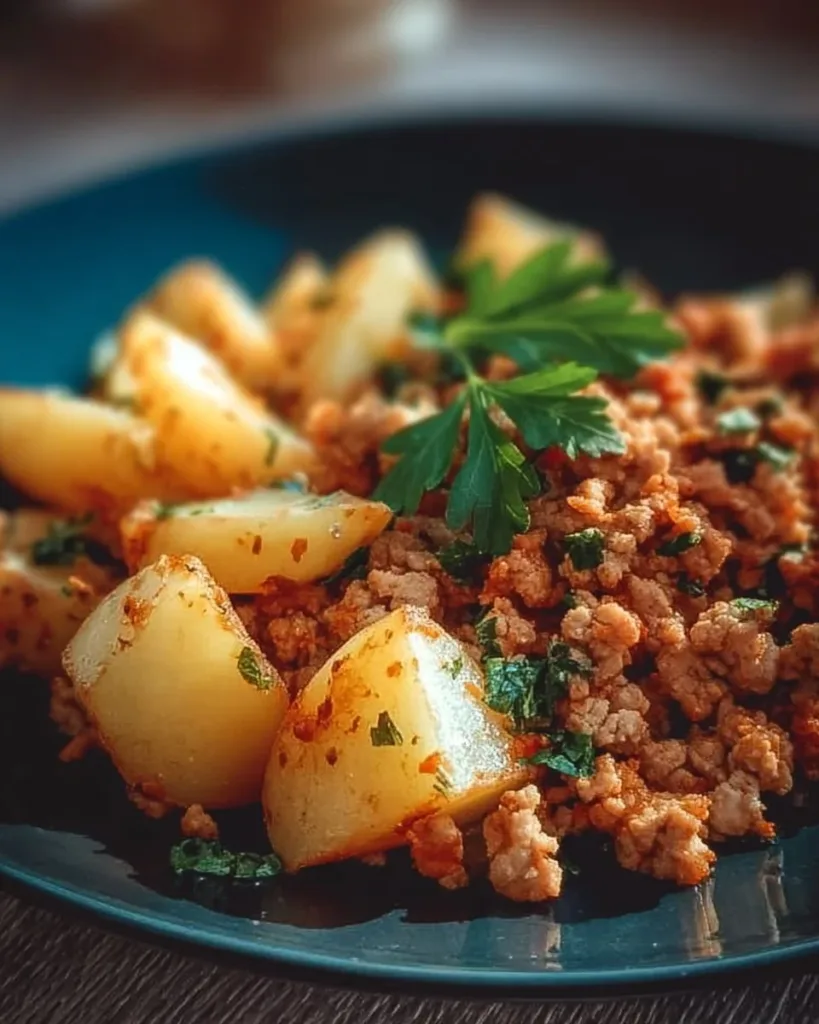 Plate of ground turkey with potatoes garnished with herbs