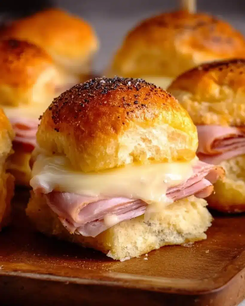 Ham and Havarti cheese sliders served on a platter.