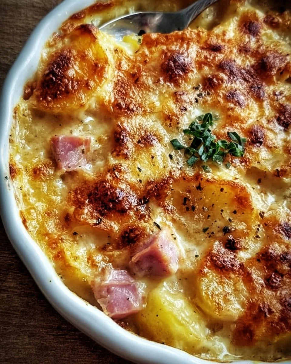 Delicious Ham and Potato Au Gratin baked to perfection