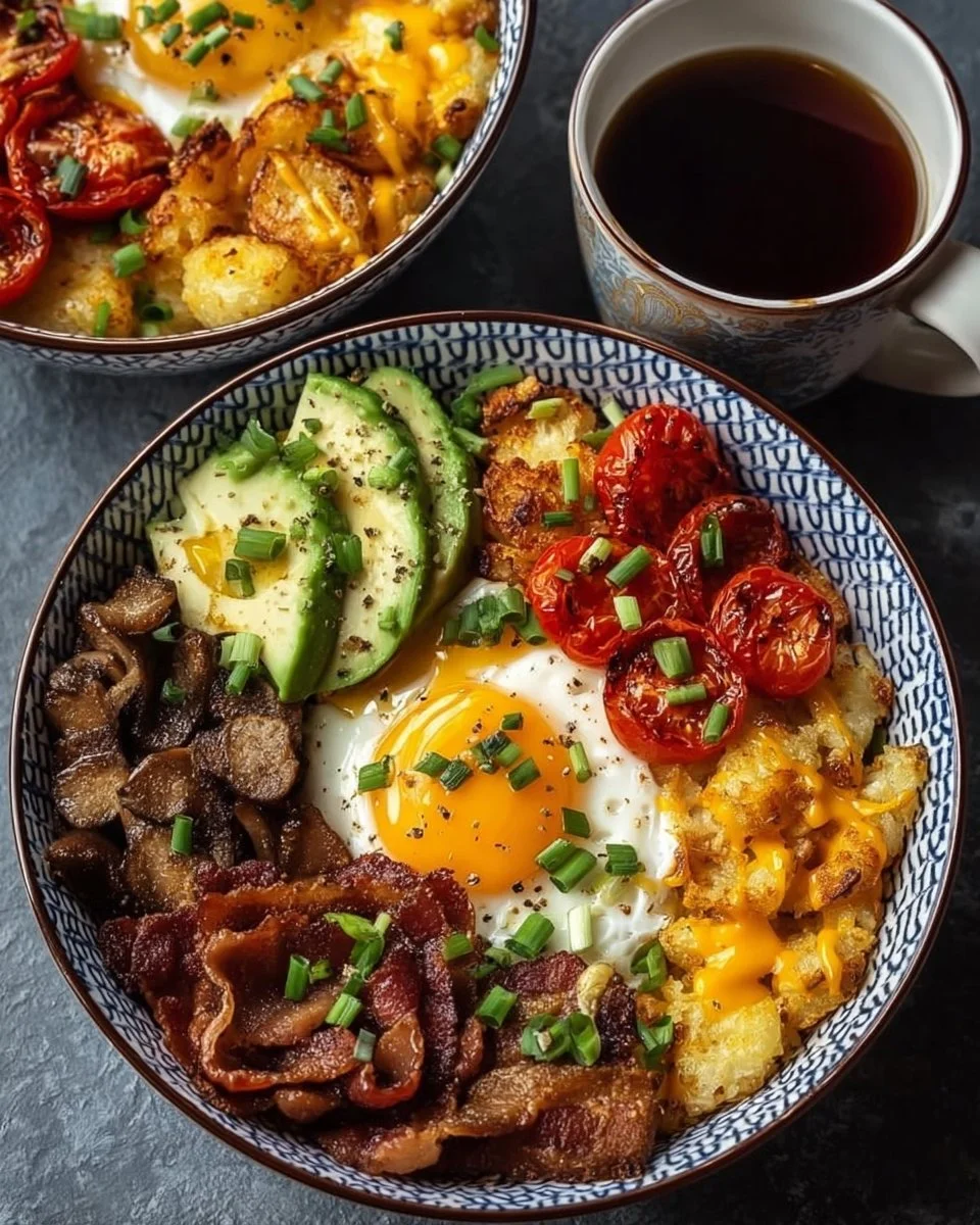 Delicious Hash Brown Breakfast Bowl topped with eggs and fresh vegetables