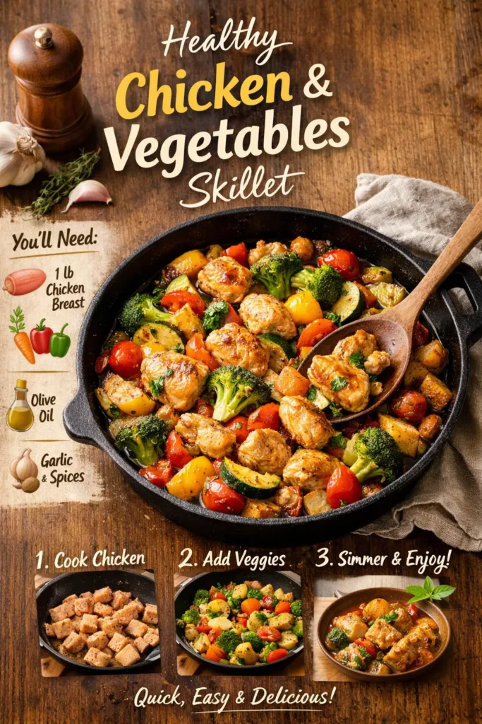 Healthy chicken and vegetables skillet dish on a plate