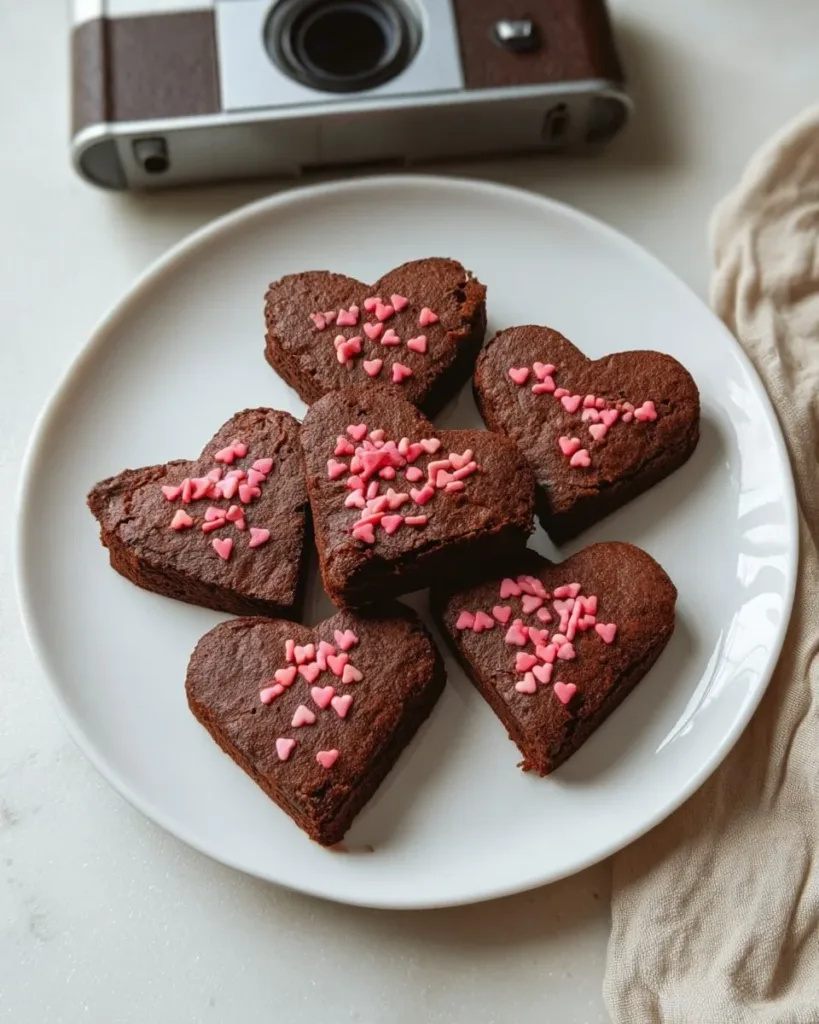 Freshly baked heart-shaped brownies drizzled with chocolate.