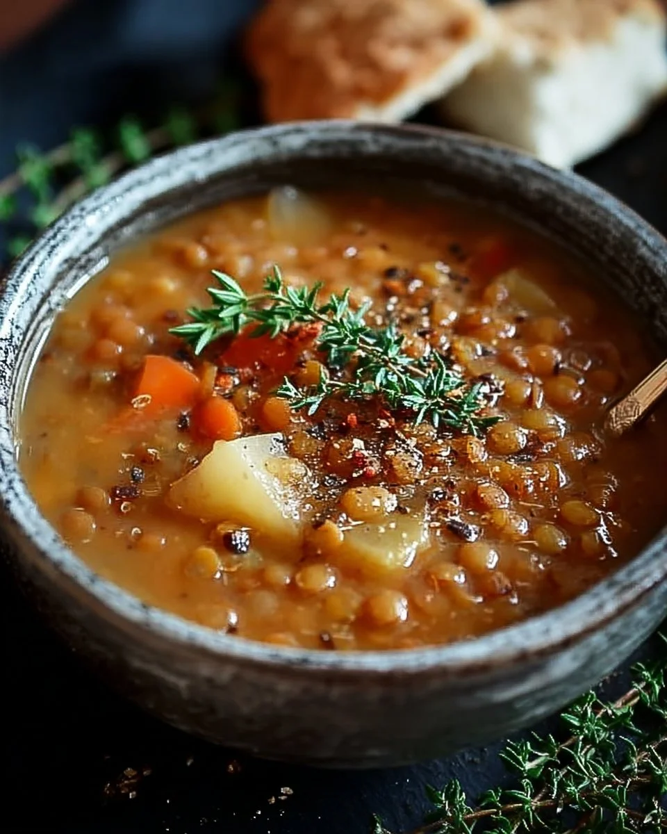 A bowl of hearty lentil vegetable soup filled with fresh vegetables