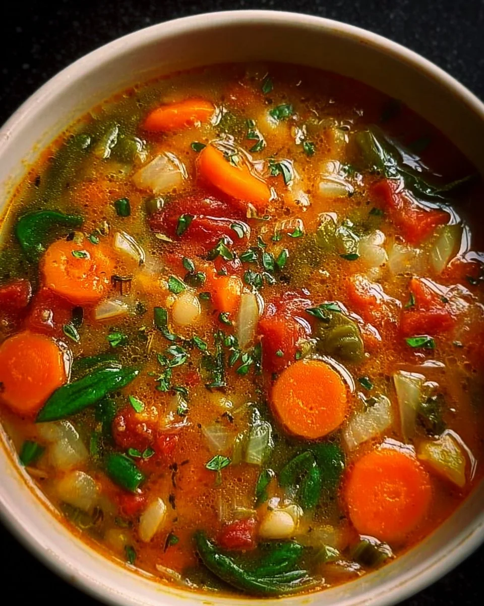 Bowl of hearty vegetable soup with colorful vegetables and herbs