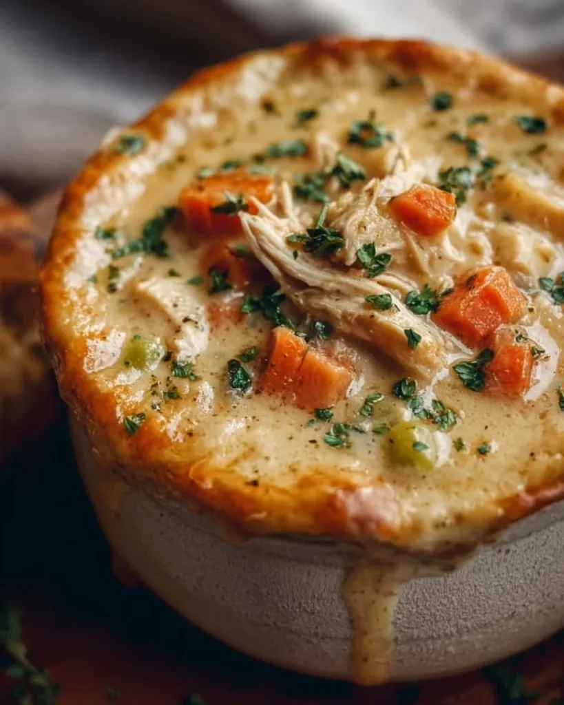 Bowl of High Protein Chicken Pot Pie Soup garnished with herbs.