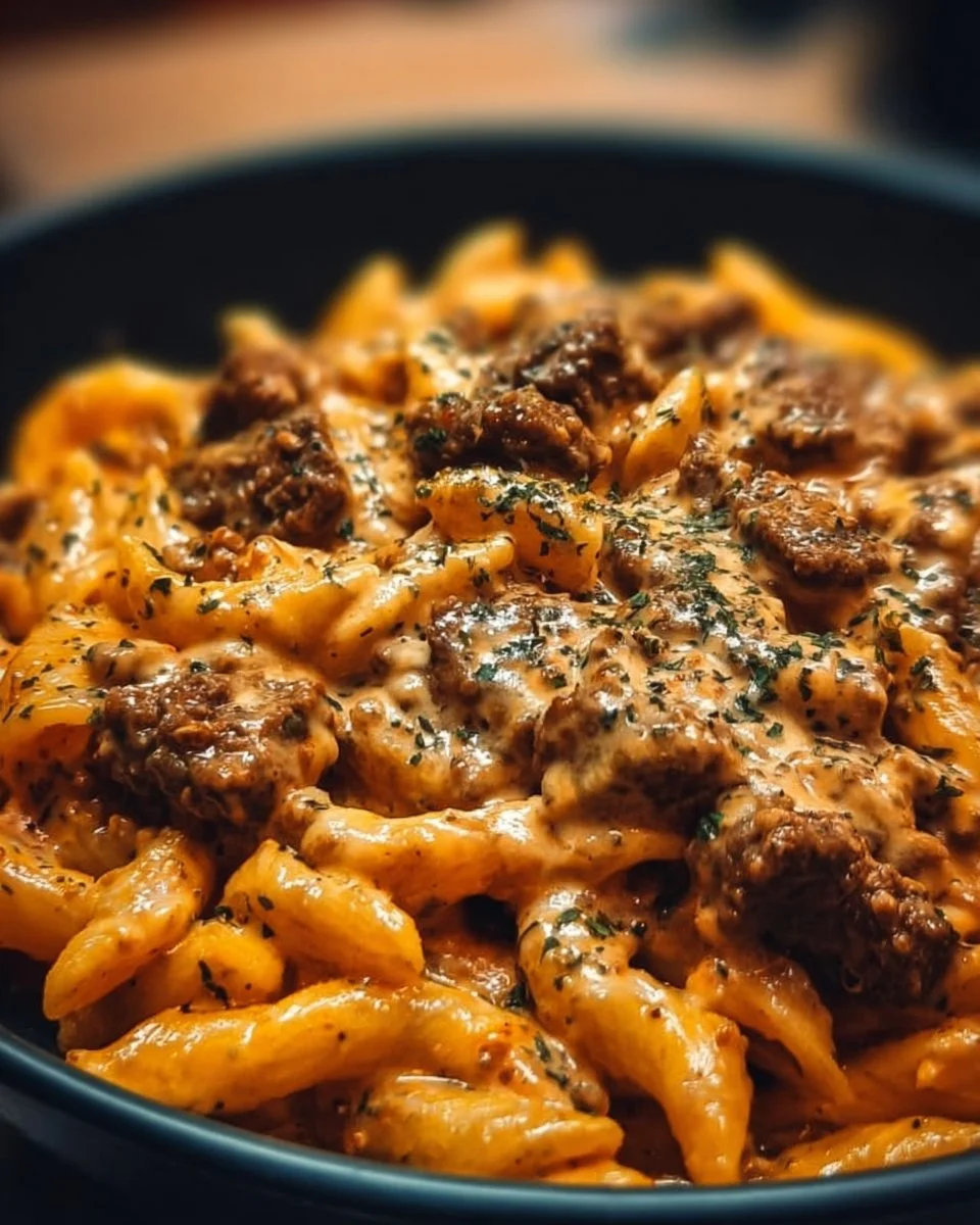 High protein creamy beef pasta served in a bowl with garnishes