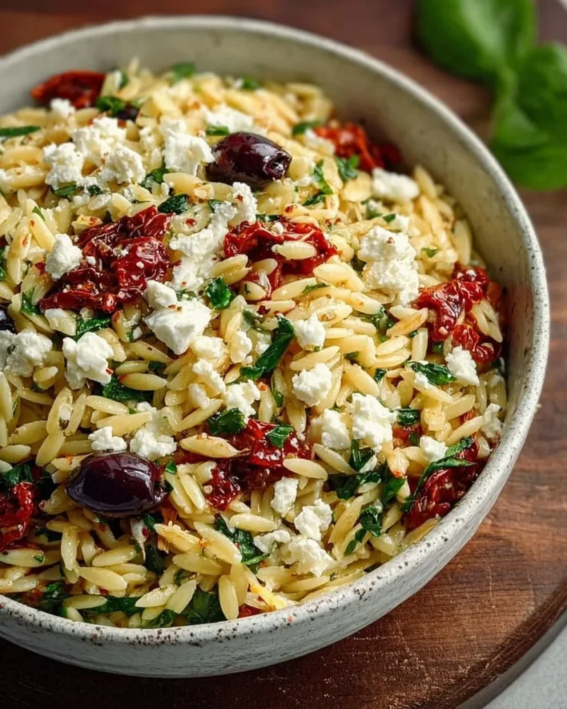 Homemade orzo pasta salad with feta and sun-dried tomatoes in a bowl