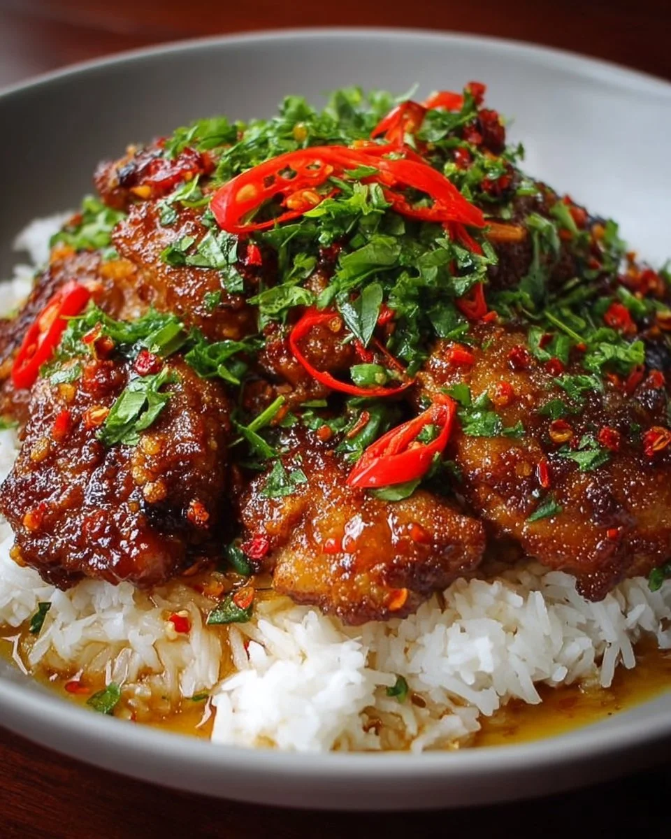 Delicious Honey Chili Coconut Chicken garnished with fresh herbs