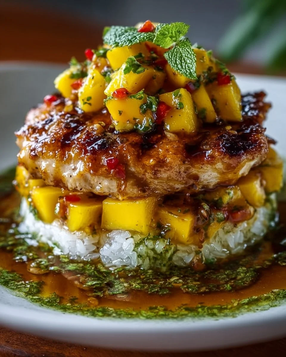 Honey Lime Chicken with Mango Stack served on a plate