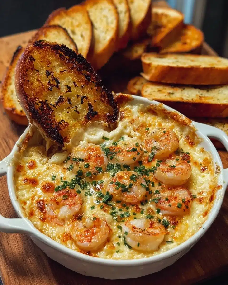 Hot cheesy shrimp dip served with garlic toast for a delicious appetizer