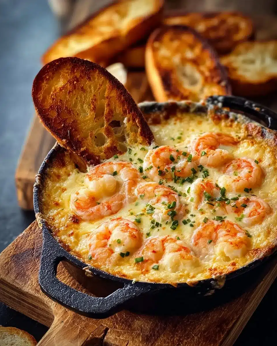 Hot Cheesy Shrimp Dip with Garlic Toast