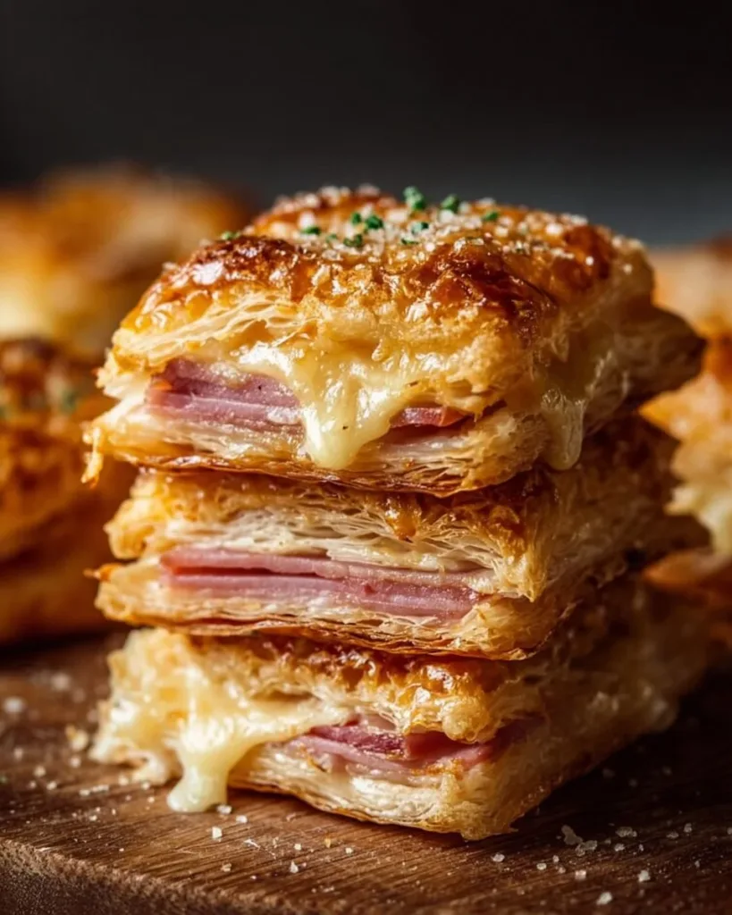 Crispy ham and cheese puff pastry stacks on a serving plate.