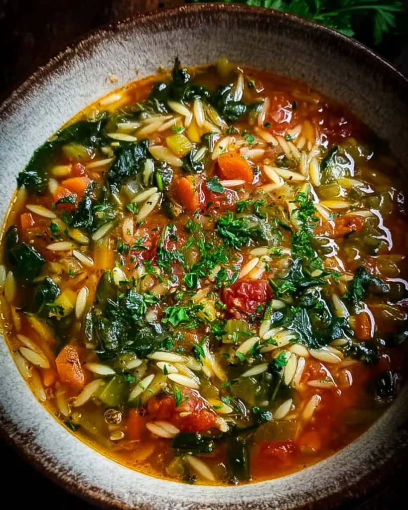 Bowl of Italian Orzo Spinach Soup garnished with fresh herbs