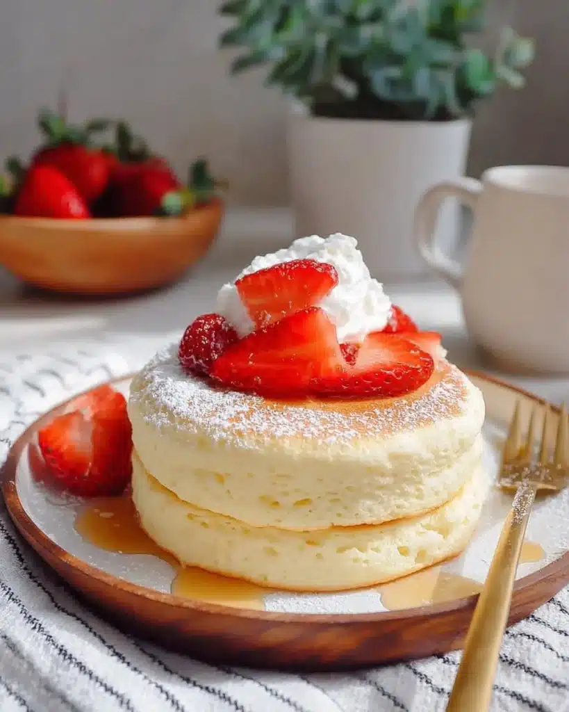 Fluffy Japanese soufflé pancakes stacked with syrup and fruit