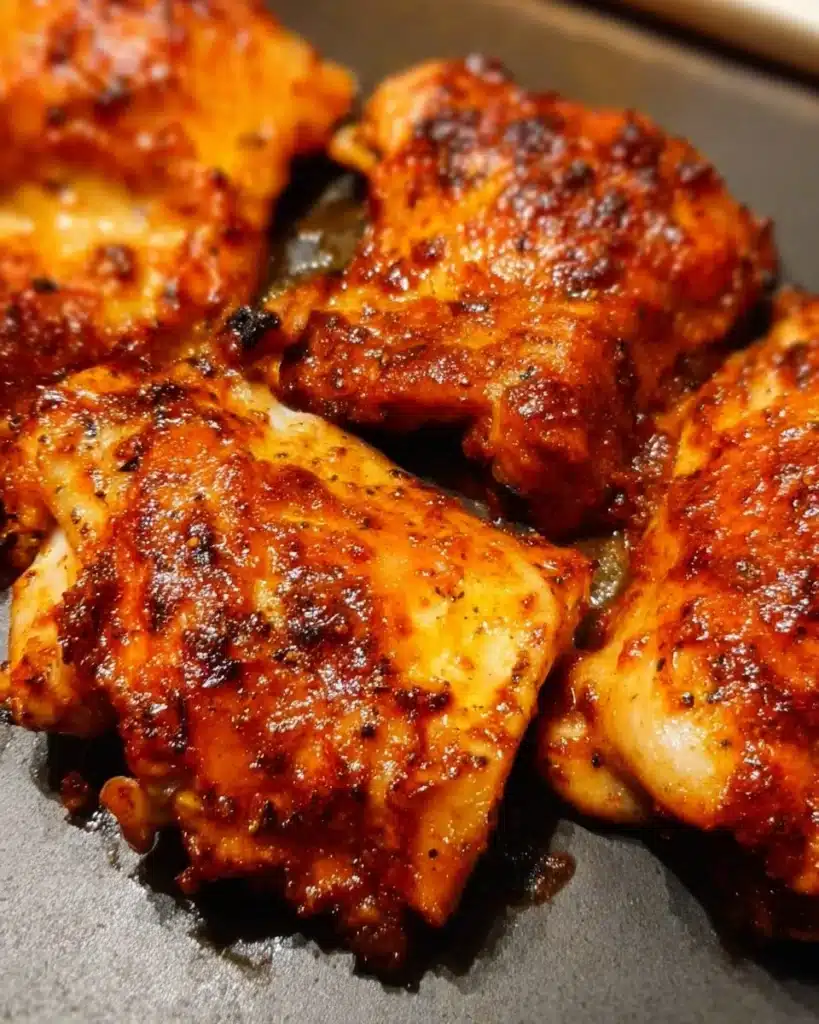 Juicy baked boneless chicken thighs served with vegetables