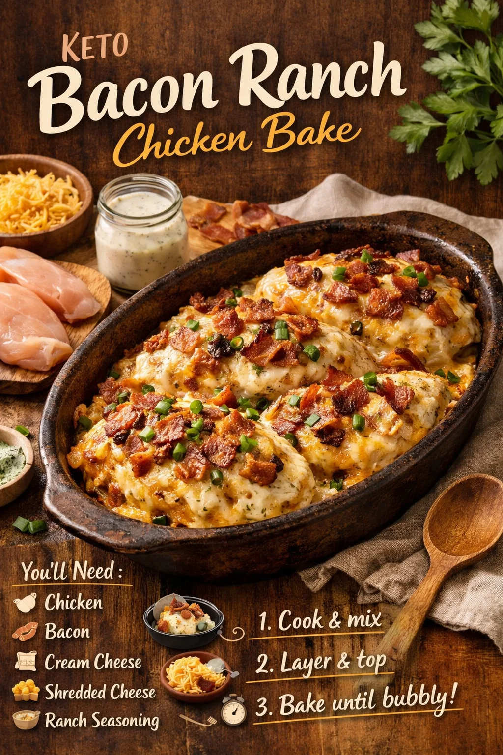 Keto Bacon Ranch Chicken Bake garnished and ready to serve