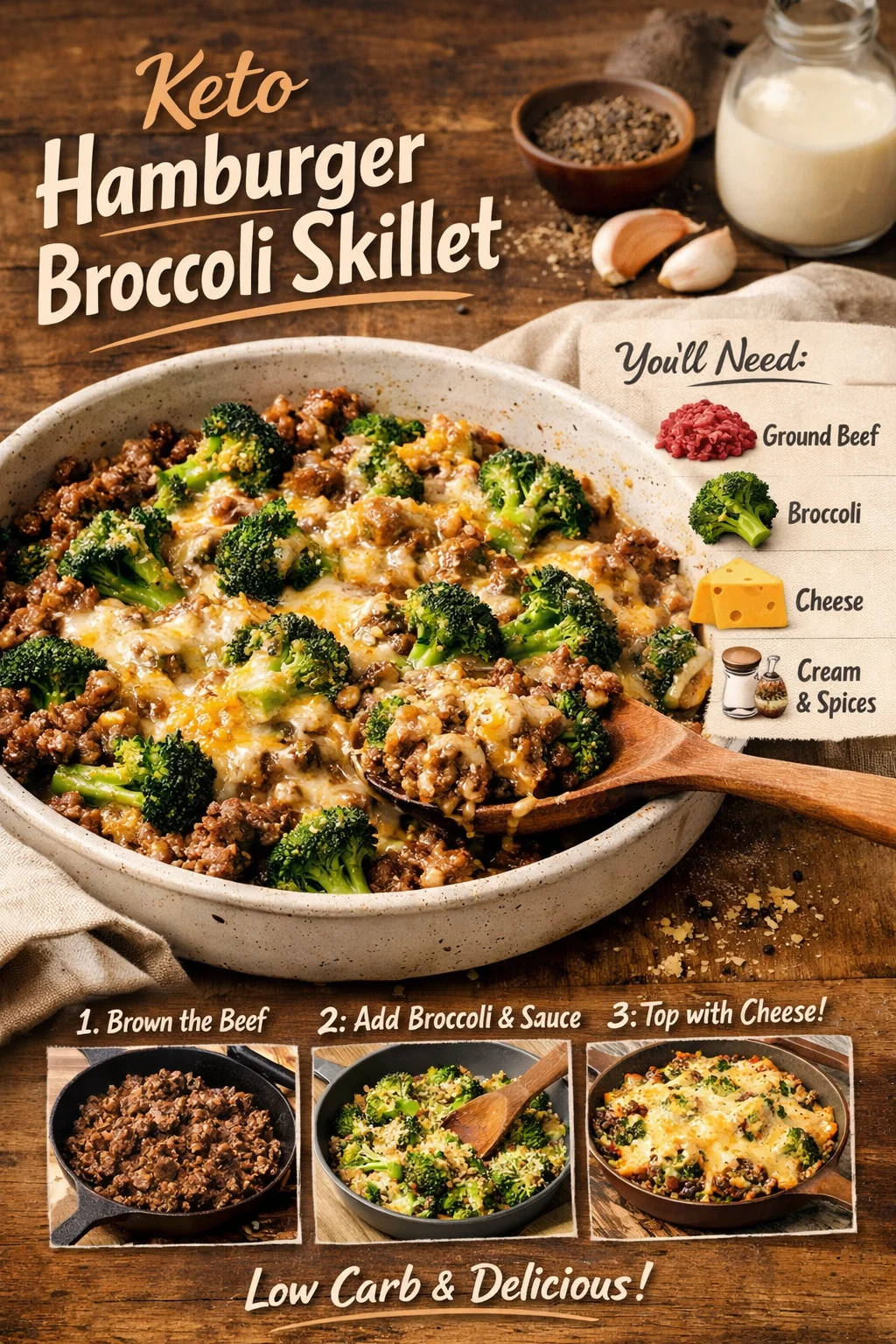 Keto Hamburger Broccoli Skillet dish with fresh ingredients