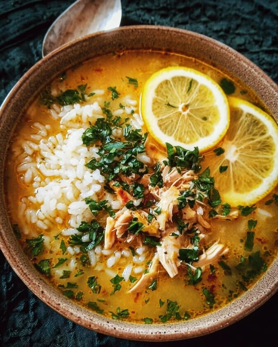 Bowl of Lemon Ginger Turmeric Chicken and Rice Soup garnished with herbs