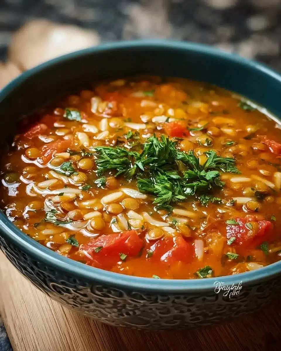 Bowl of delicious Lentil Orzo Soup with fresh herbs and vegetables