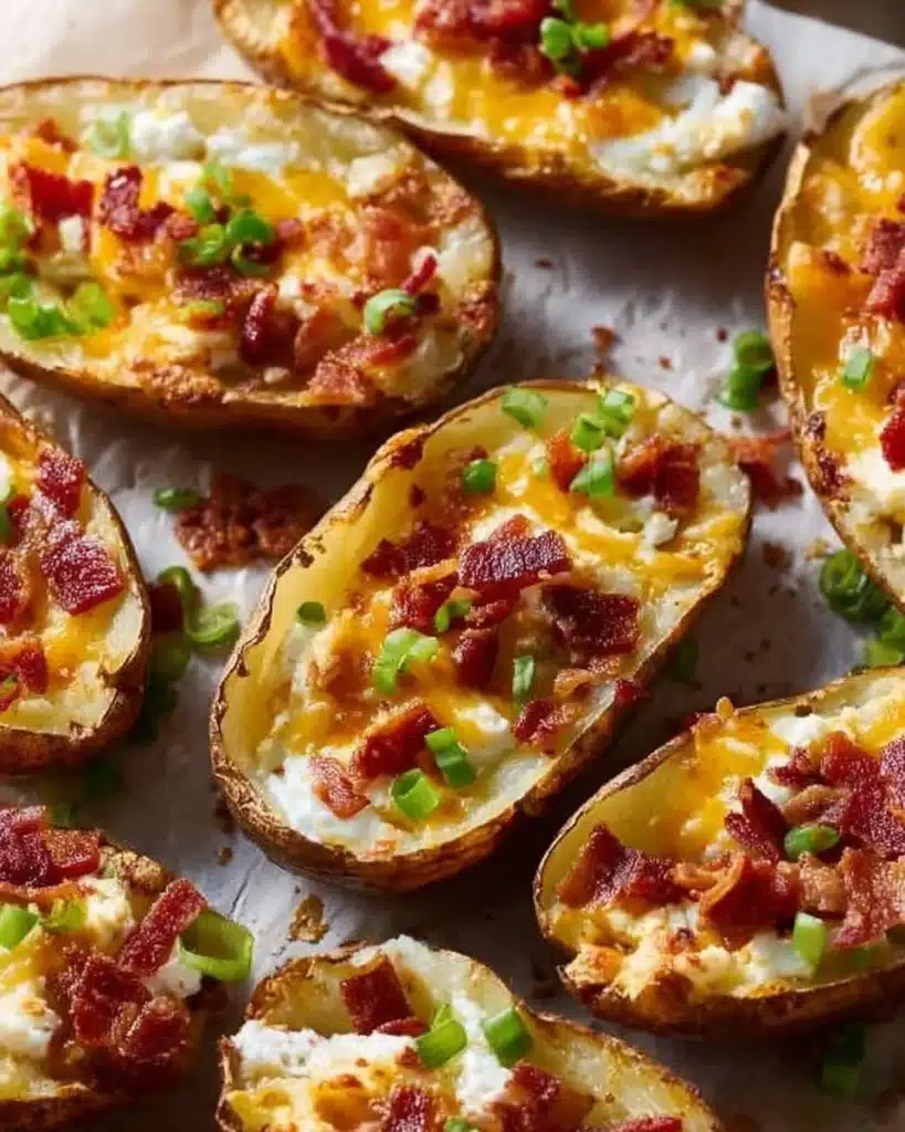 Loaded potato skins topped with cheese, bacon, and green onions