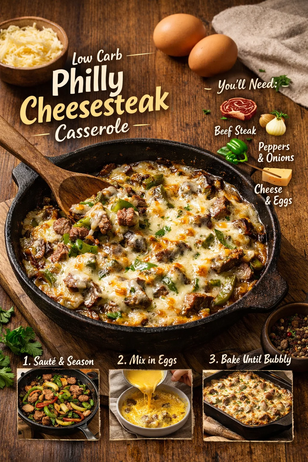 Low Carb Philly Cheesesteak Casserole topped with cheese and peppers