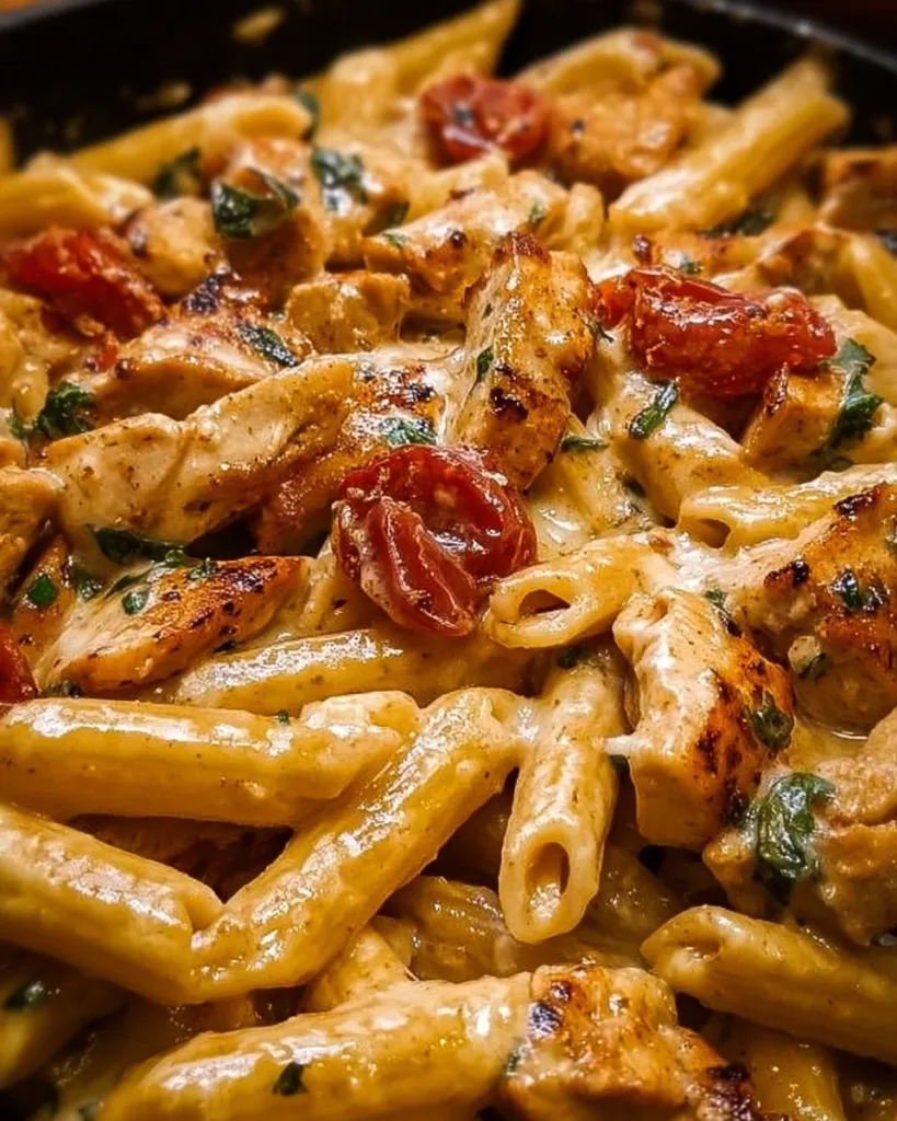 A plate of Marry Me Chicken Pasta garnished with fresh herbs and cheese.