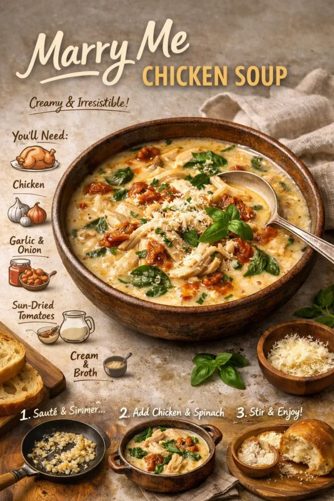 Bowl of Marry Me Chicken Soup garnished with herbs in elegant serving dish.