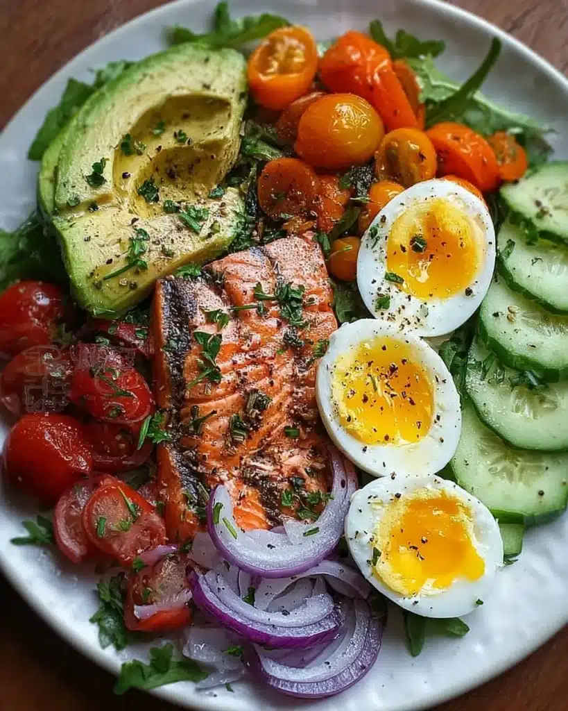 Delicious Mediterranean Salmon Power Plate with eggs, avocado, and fresh veggies.