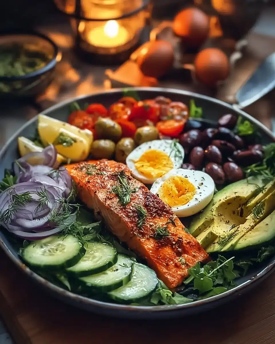 Mediterranean Salmon Power Plate with Eggs, Avocado & Fresh Veggies