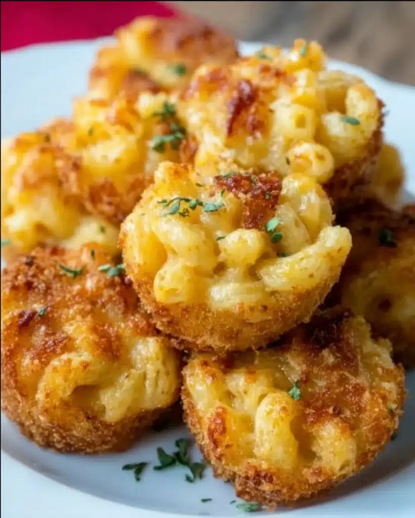 Mini macaroni and cheese bites served on a platter