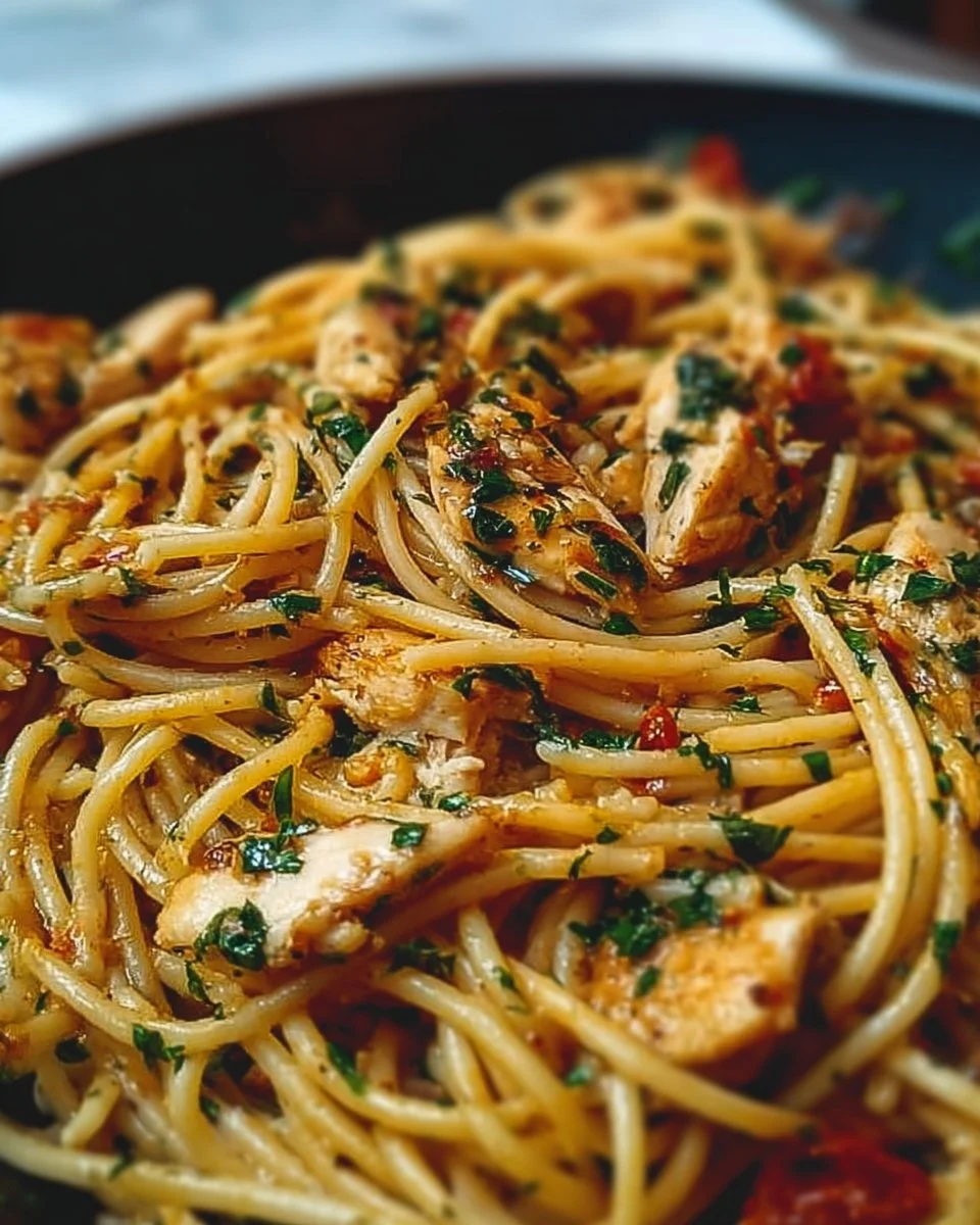 Delicious Monterey Chicken Spaghetti with vibrant ingredients and savory flavors.