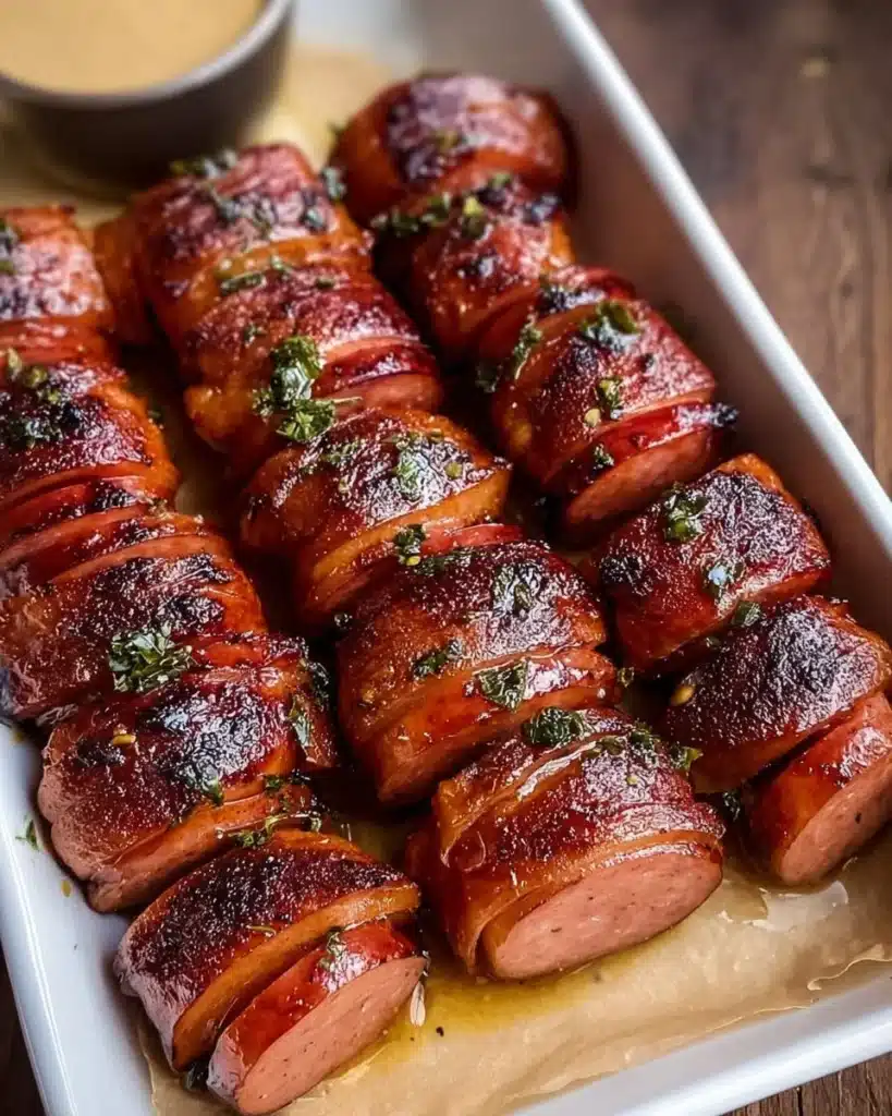 Delicious Mustard Hasselback Kielbasa Bites served on a platter
