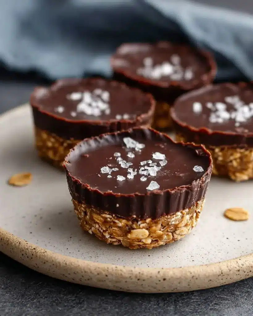 No bake peanut butter oat cups topped with chocolate and nuts