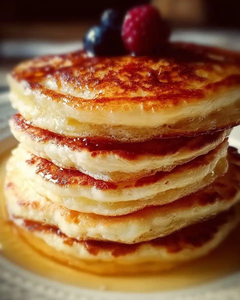 Stack of fluffy old-fashioned pancakes with syrup and butter