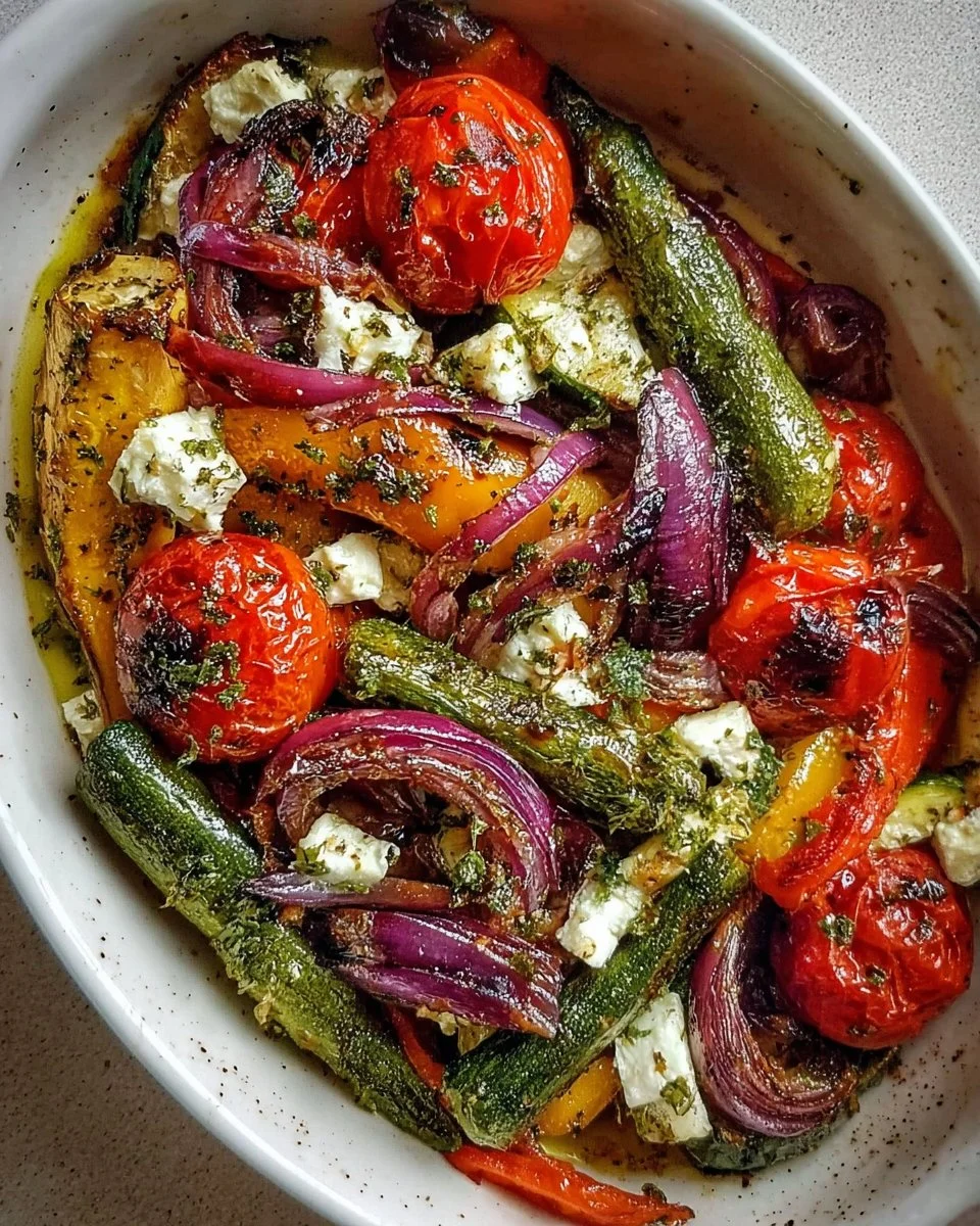 Colorful one-pan Greek vegetables with fresh ingredients cooked to perfection