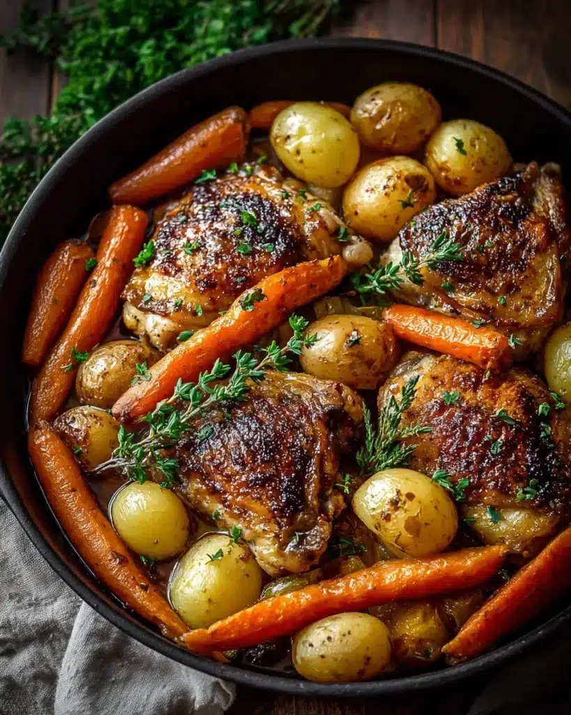 Delicious one-pan roasted chicken thighs with carrots and potatoes ready to serve.