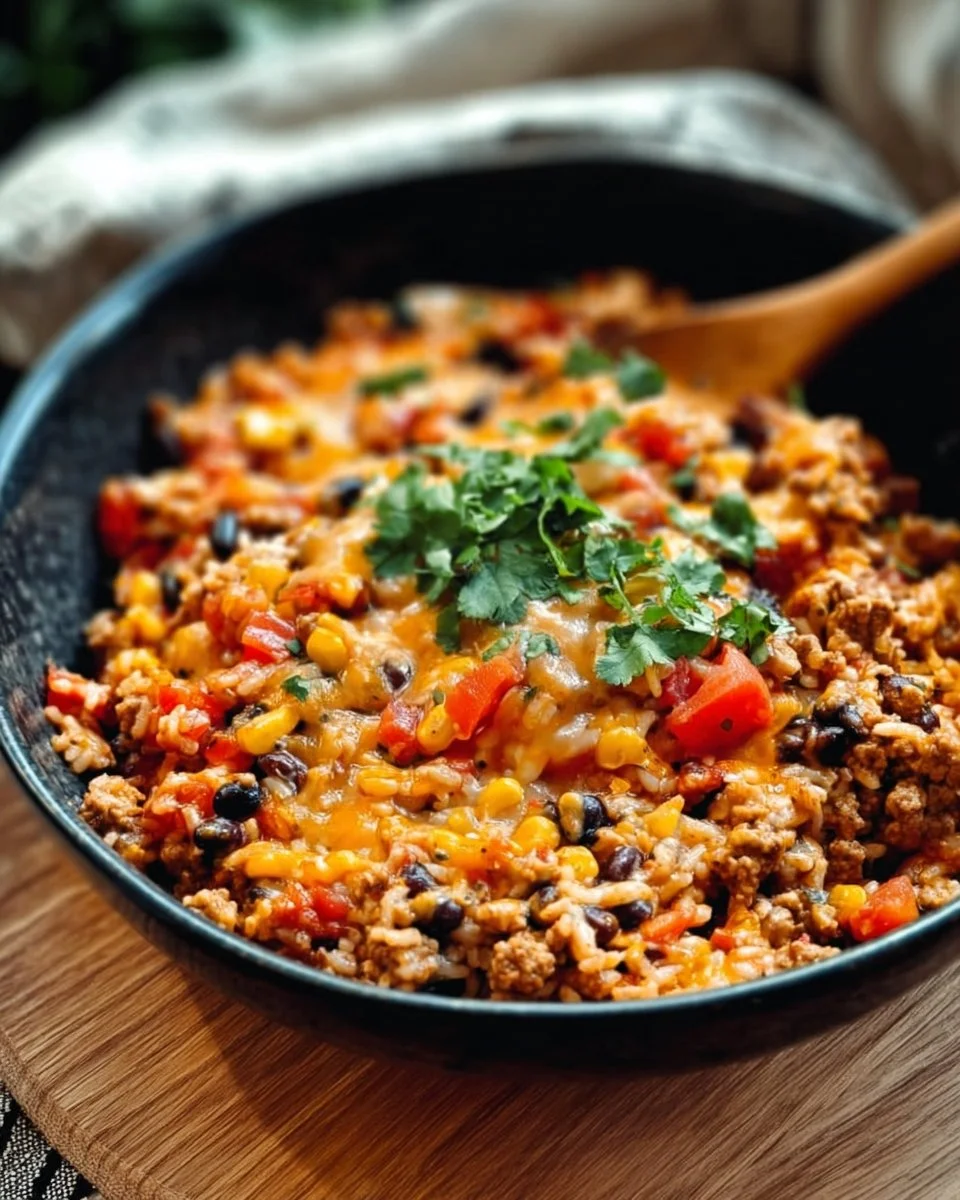 One Pot Burrito Bowls with toppings in a colorful bowl