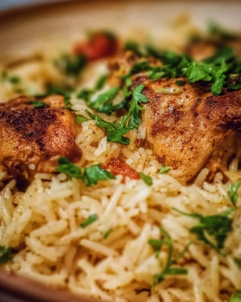 One Pot Chicken and Rice dish served in a bowl with herbs