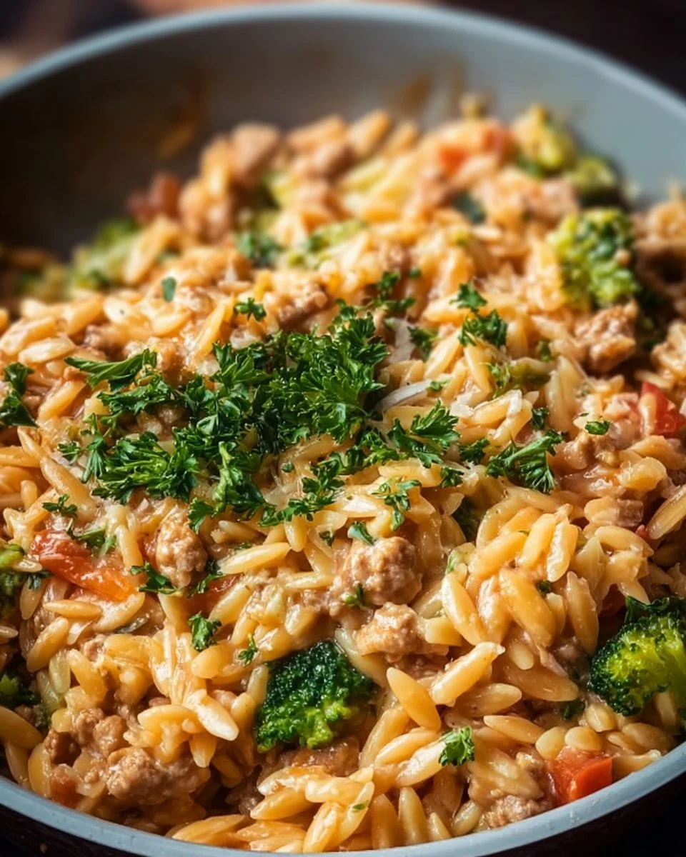 One-Pot Ground Turkey Orzo dish served in a bowl
