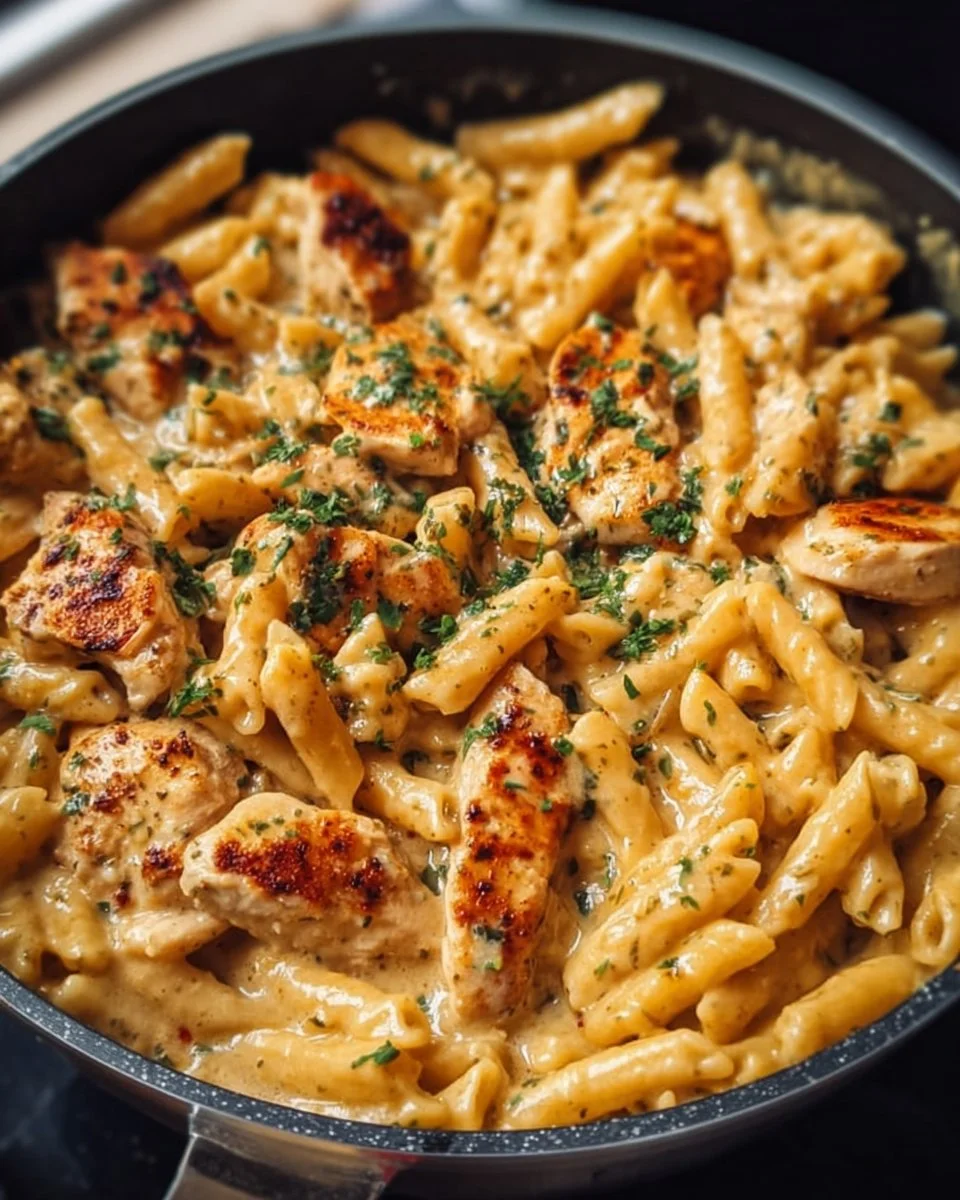 One Pot Marry Me Chicken Pasta in a skillet with vibrant ingredients