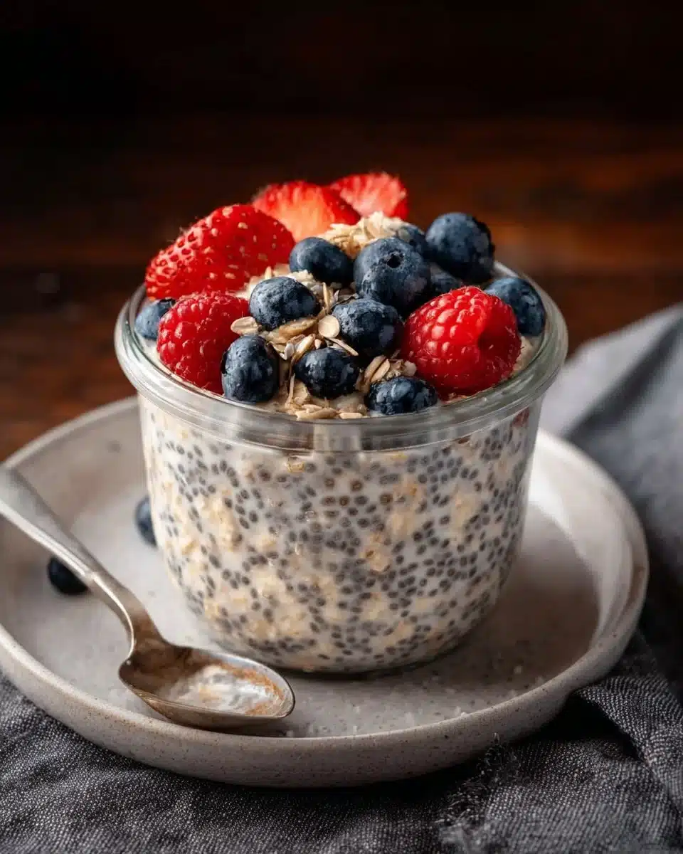 Bowl of delicious overnight oats mixed with chia seed pudding topped with fruits