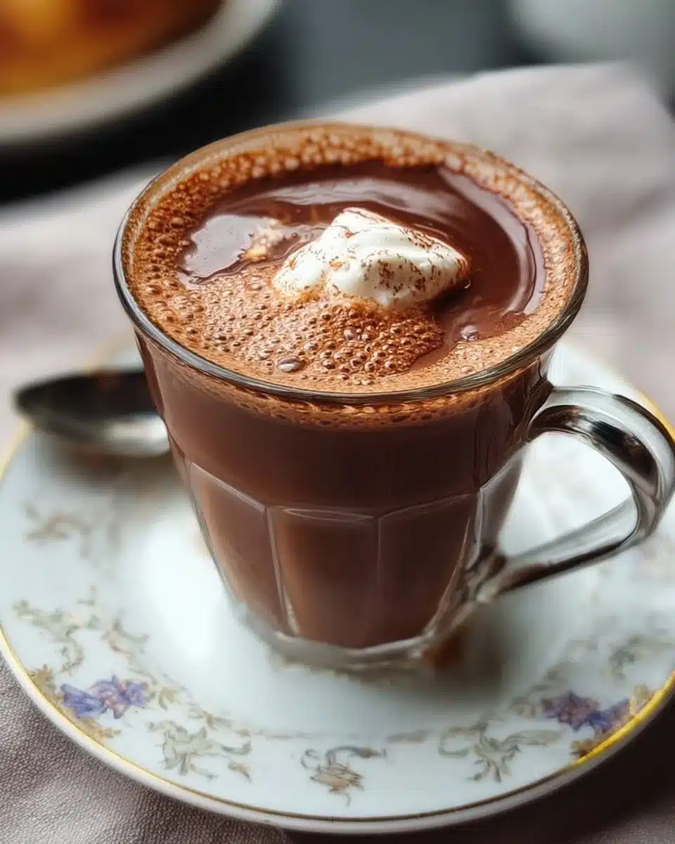 A cup of rich Paris hot chocolate topped with whipped cream