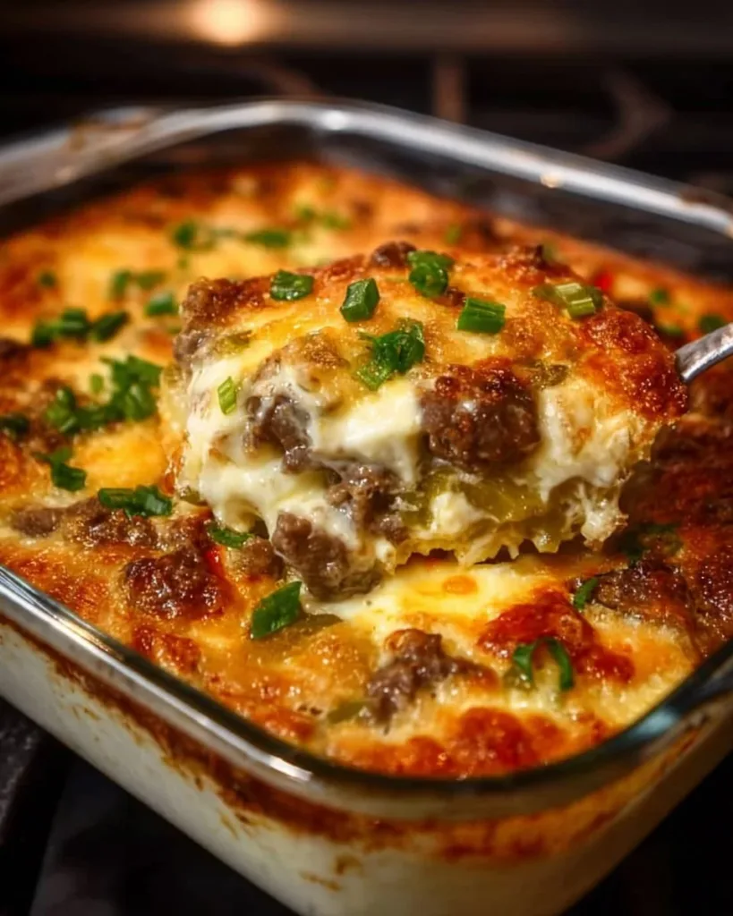 Philly Cheesesteak Casserole topped with melted cheese and peppers in a baking dish