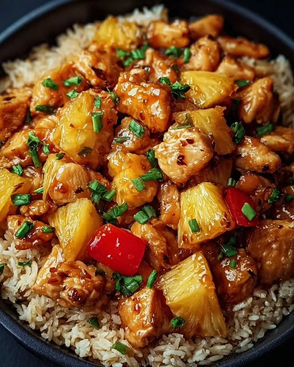 Pineapple Chicken and Rice served on a plate with fresh vegetables