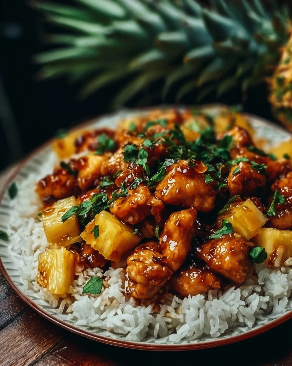 Delicious Pineapple Chicken served with rice on a plate