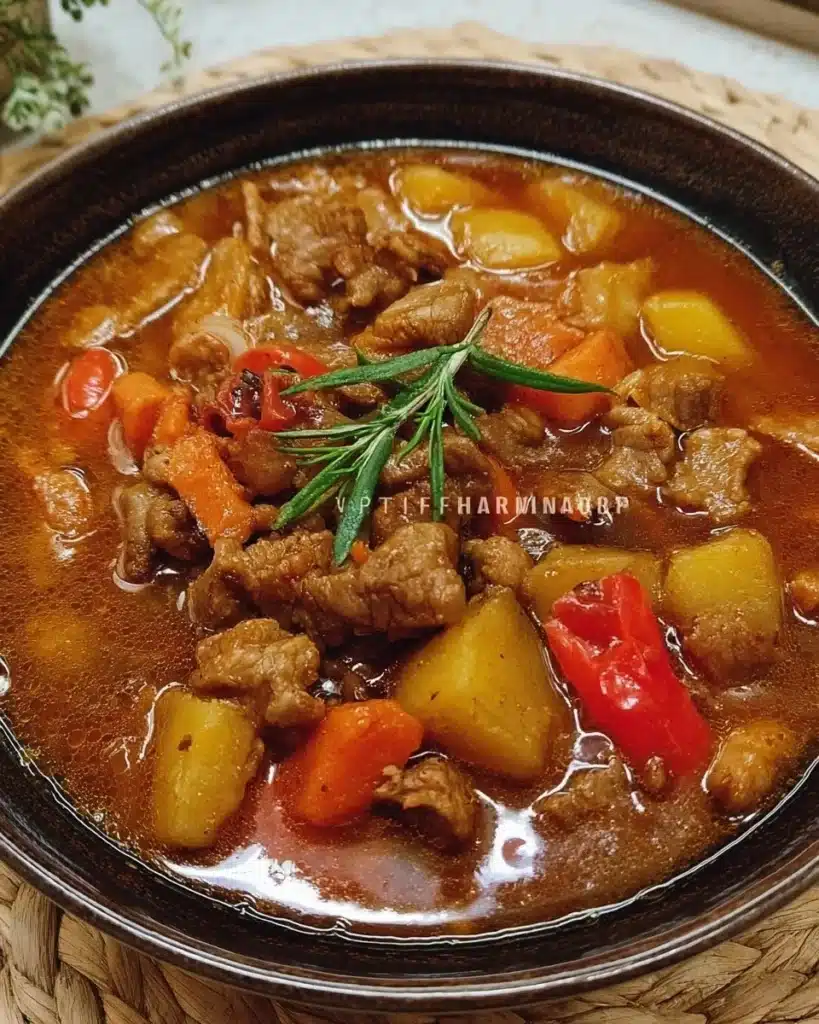 Delicious bowl of Pork Menudo served with vegetables and spices
